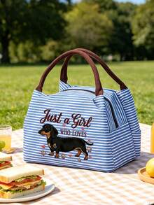 Dachshund Lover Exclusive Printed Striped Tote Bag, Soft Girly Style Daily Handbag; Durable And Wear-Resistant, Ideal For Carrying Essentials; Simple Handle Design, Easy To Carry; Fresh Stripes Paired With Cute Dachshund Pattern And Heart Paw Prints, Showcasing Playful Charm. - Multicolor - View 8