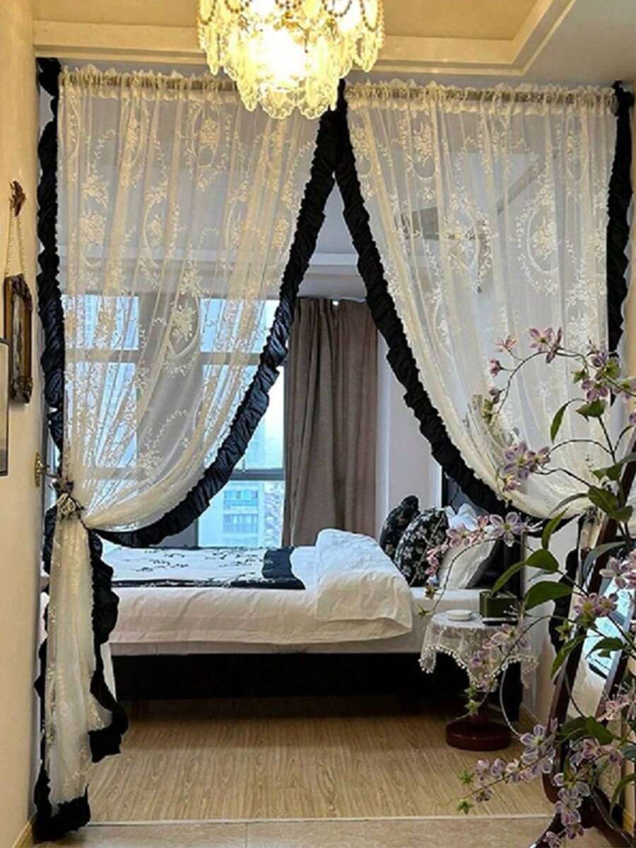 1pc French Style Bedroom Living Room Kitchen Vintage Rococo Black Ruffle Lace Trim Sheer Curtain, High-End Sheer Curtain For Living Room Bedroom Home Decor, Suitable For All Seasons - Multicolor - View 1