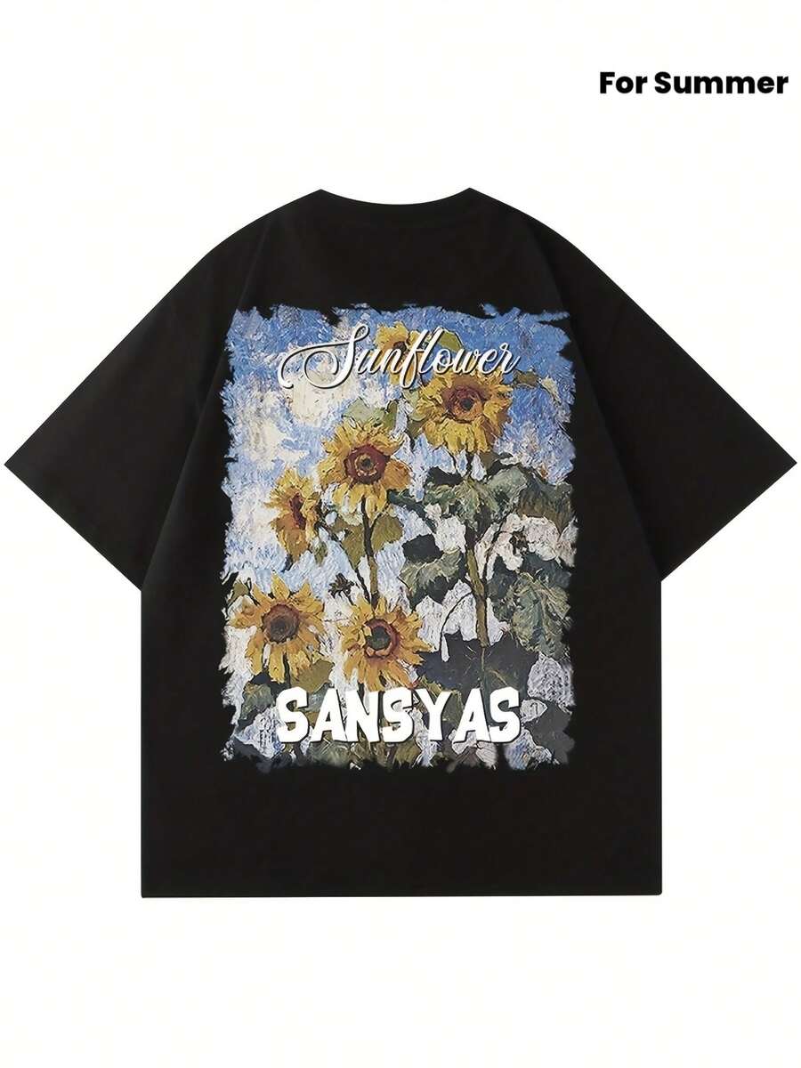 Playera de algodón 100% floreada y holgada para hombre, manga corta cuello redondo, ropa de hombre para actividades al aire libre en verano - Negro - Ver 1