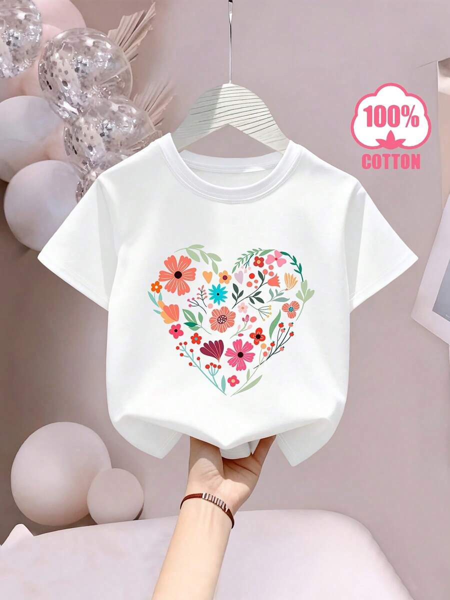Girls' Short Sleeve T-Shirt With Heart, Flower And Letter Print, Cool And Breathable For Spring/Summer, 100% Cotton, Loose And Casual Fit In Small Sizes - White - View 1
