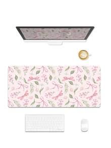 Girl Style Watercolor Pink Bow Floral Oversized Gaming Mouse Pad, Wildflower Tulip Leaf Print XXL Desk Mat, White Background Romantic Plant Non-Slip Rubber Keyboard Pad, Girl Office Desk Decor - View 6