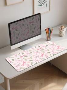 Girl Style Watercolor Pink Bow Floral Oversized Gaming Mouse Pad, Wildflower Tulip Leaf Print XXL Desk Mat, White Background Romantic Plant Non-Slip Rubber Keyboard Pad, Girl Office Desk Decor - View 4
