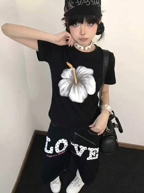 Y2K 辣妹风手绘芙蓉花印花露脐短袖T恤 女款 黑色修身露腰上衣 美式复古小众夏季休闲款