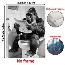 2D Flat 2D Art 1pc Unframed Gorilla Sitting On Toilet Reading Newspaper Vintage Style Canvas Print - 30.48X40.64cm Unframed Bathroom Wall Art, Home And Office Humorous Animal Decor, Mother's Day Gift, Apartment Decoration - C - View 4