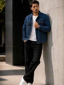 Classic Men's Dark Denim Jacket With Collar And Button Details, Long Sleeves And Regular Fit, Ideal For A Casual Look. - 寶藍色 - 查看 2