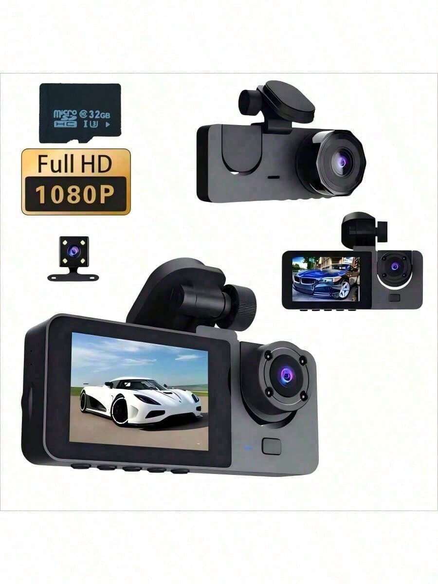 3-Lens Dash Cam With Night Vision, Three 1080P Front-Facing And Embedded Cameras, Wide Angle Car DVR, 2.0" IPS Screen, 24-Hour Motion Detection Parking Mode, 32GB Storage Card Loop Recording, 150mAh Battery Capacity