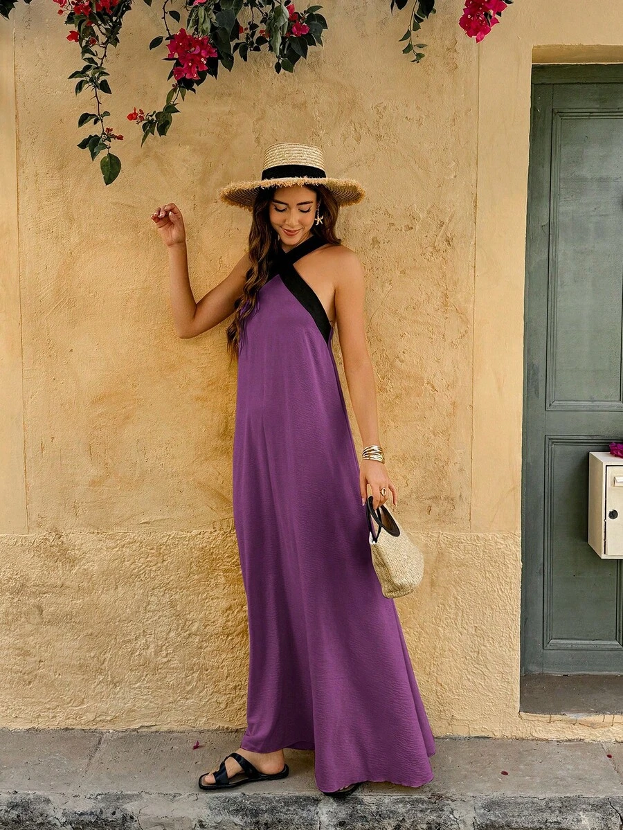 Vestido sin tirantes de tejido negro y blanco para mujer - Morado - Ver 1