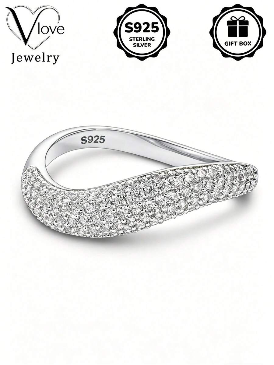 1pc S925 Sterling Silver Inlaid Synthetic Zirconia Sparkling Ring, Daily Wear Valentine's Day Gift Essential, Comes With Gift Box.