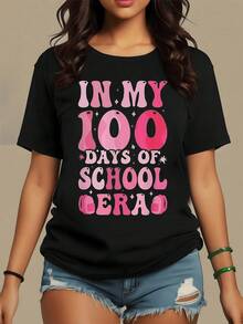 Letras rosas celebran cien días escolares con estrellas festivas brillantes en esta genial camiseta de mujer para lucir siempre - Negro - Ver 8