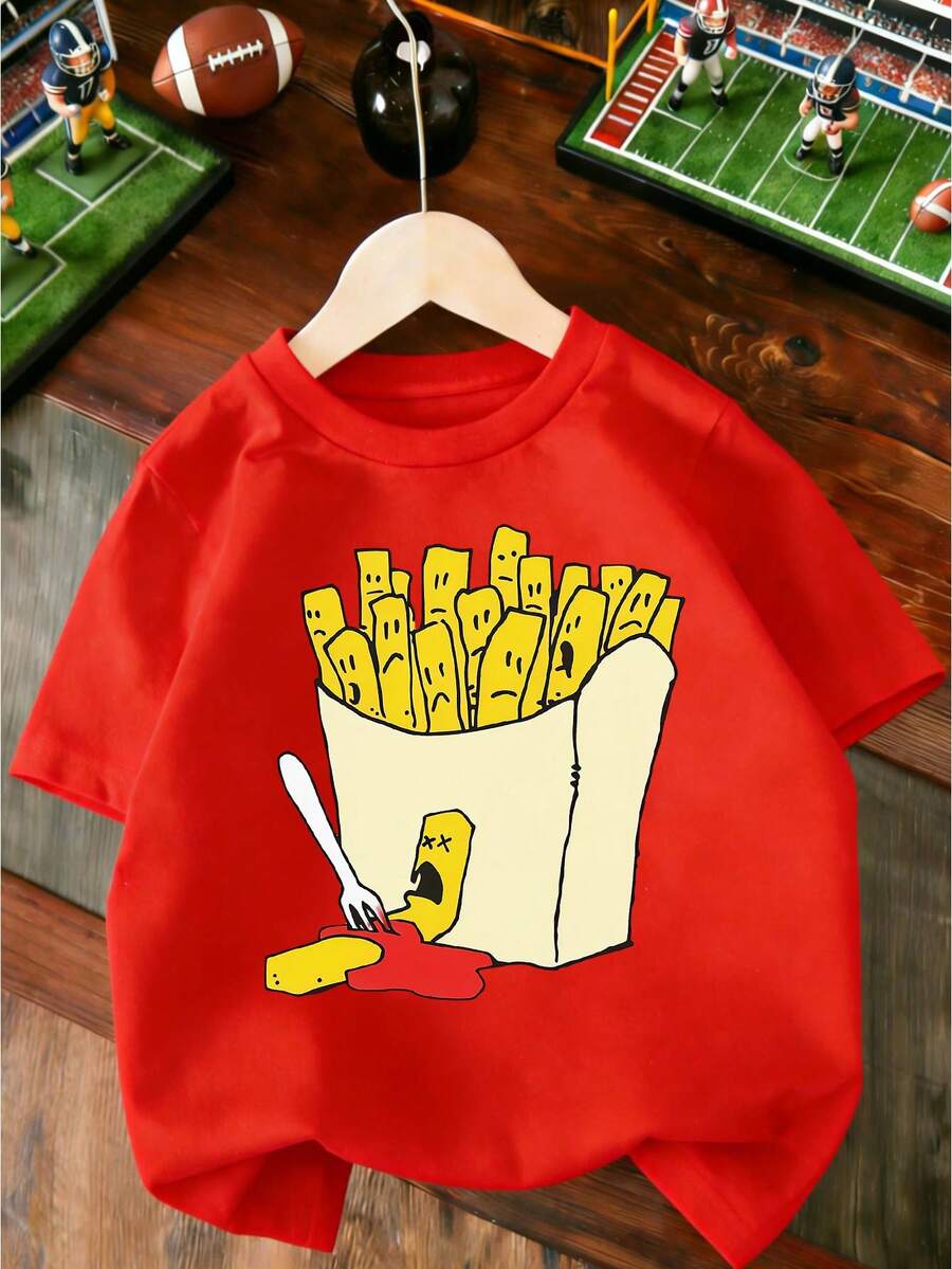 Camiseta de manga corta de moda con estampado divertido de papas fritas para niños y niñas, prenda superior con estampado divertido de papas fritas, moderna y peculiar, versátil para - Rojo - Ver 1