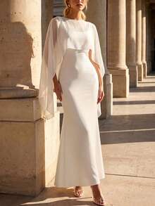Perirose Elegant Women's Long Dress, Cape Sleeve Square Neck Solid Color Flowy Chiffon - White - View 2