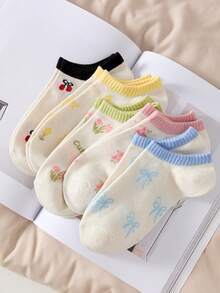 5 pares de calcetines cortos para mujer con estampado de flores, lazo y diseño de cereza, antideslizantes, sencillos y cómodos, adecuados para las estaciones de primavera y verano - Multicolor - Ver 2