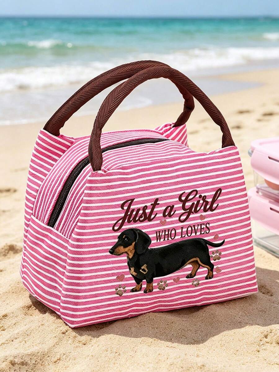 Dachshund Lover Exclusive Printed Striped Tote Bag, Soft Girly Style Daily Handbag; Durable And Wear-Resistant, Ideal For Carrying Essentials; Simple Handle Design, Easy To Carry; Fresh Stripes Paired With Cute Dachshund Pattern And Heart Paw Prints, Showcasing Playful Charm. - Multicolor - View 1