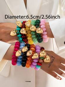 1 Peça Pulseira Elástica com Contas Multicoloridas Feita à Mão, Pulseira com Contas Redondas de Acrílico com Pingente de Coração Banhado a Ouro, Joia de Destaque Empilhável para Mulheres - Multicolorido - Visão 11