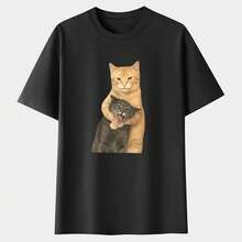 playera de algodón oversize para mujerCamiseta lavable con estampado de gato discutiendo |   Marca de moda retro batik de alta calidad, ropa de verano para mujer, regalo de vacaciones, regal - Negro - Ver 1
