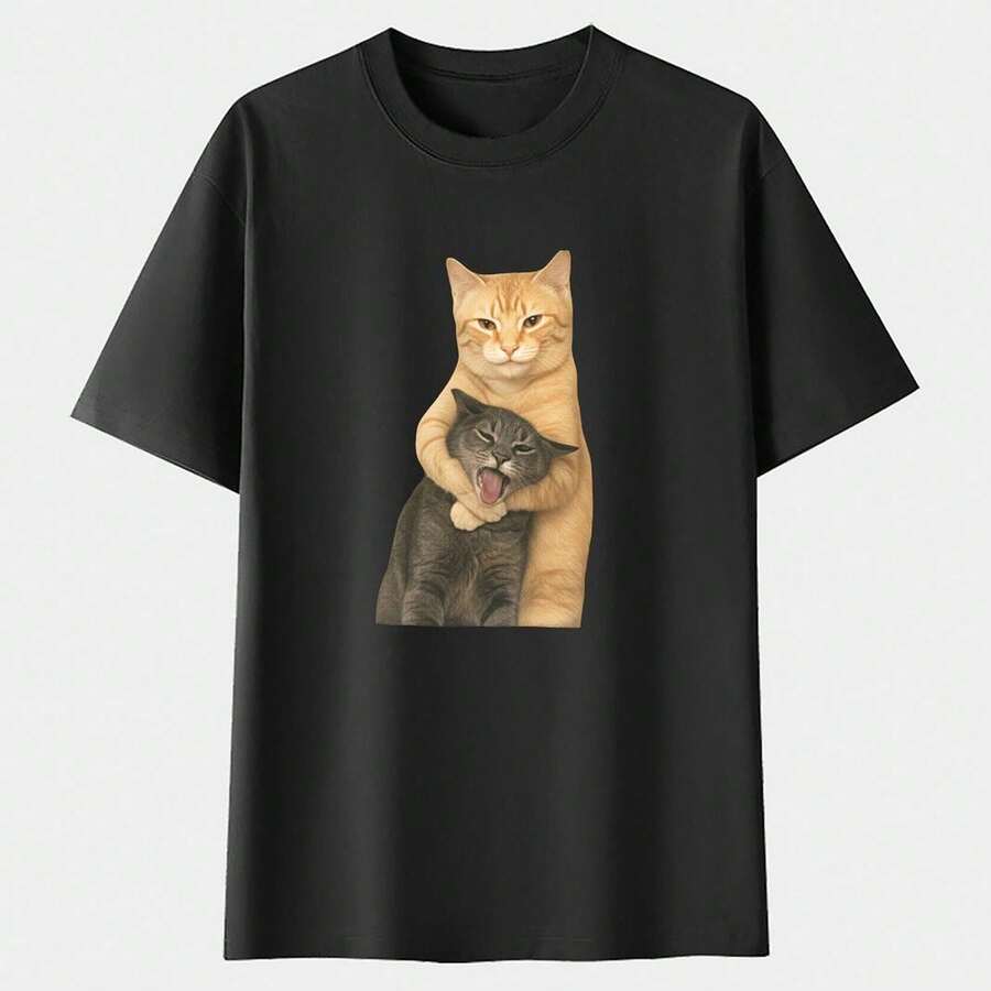 playera de algodón oversize para mujerCamiseta lavable con estampado de gato discutiendo | Marca de moda retro batik de alta calidad, ropa de verano para mujer, regalo de vacaciones, regal - Negro - Ver 1