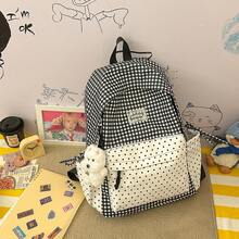 Mochila de patchwork a cuadros & lunares, mochila escolar de cordón estilo femenino para estudiantes, mochila ligera estilo academia japonesa - Multicolor - Ver 14