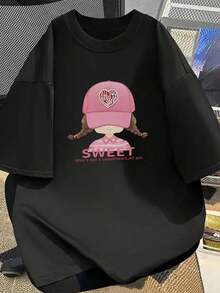 Women's 100% Cotton Short-Sleeved T-Shirt, Black, Cotton, Character Print, American Casual, Street Style, Y2K, Pink, Loose Fit, Korean Fashion, Summer, Domestic Shipping. Women's Clothing, New Summer Styles, High-Price Short-Sleeved Summer Clothes For Women, Spring Clothes. - Black - View 3