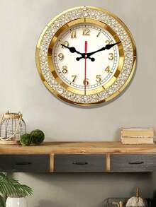 1pc 2D Flat Wall Clock | Gold Plated Round Wooden Wall Clock With Crystal-Embedded Frame, Suitable For Living Room, Bedroom, Office, Hotel Lobby, Restaurant Decor - Multicolor - View 2