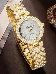 2PCS Women's Rhinestone-Accented Gold-Tone Steel Watch & Bracelet Set – Affordable Luxury Gift For Birthdays Or Graduations - Gold - View 3