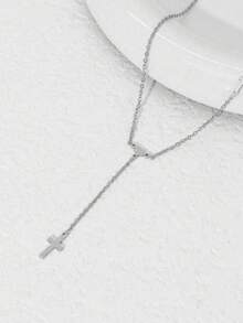 1pc Stainless Steel French Y-Shaped Cross Heart Necklace, Suitable For Women, Cross Symbolizes Peace And Protection, Heart Represents Abundant Love, Korean Style Gentle, Daily Basic Sweet Cool Girl, Daily Commute Accessory, Niche Gift, Best Friend Gift, Couple Anniversary, Date Outfit, Student Affordable Jewelry, Religious Style Matching Item - Heart-shaped Cross - View 2