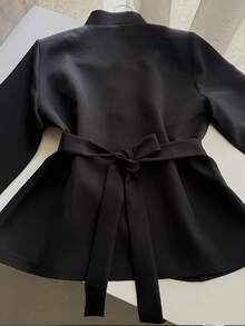Women's Elegant Commuter Blazer With Padded Shoulders, Solid Color Lace Patchwork Front Button Metal Buttons Pearl Office Daily Date Black Fall - Black - View 10