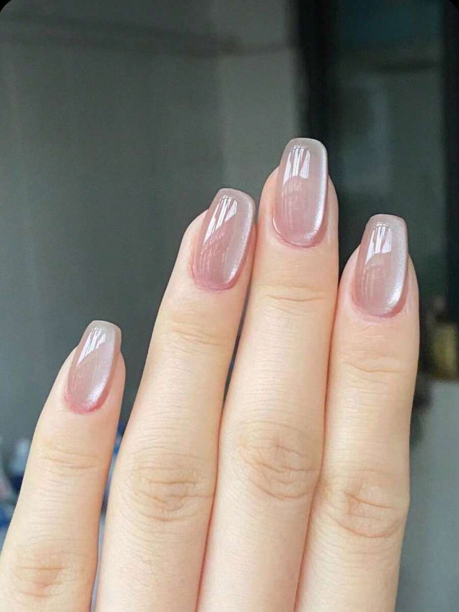 30pcs Short Square Handmade Sweet Style Pink Crystal Cat Eye Nail Tips With 1 Nail File And 1 Jelly Glue Nails - 彩色 - 查看 1