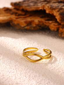 Women's Stainless Steel Gold Multi-Layer Geometric Open Ring, Vintage Waterproof Wedding Aesthetic Jewelry Gift - JZ10066 - View 3