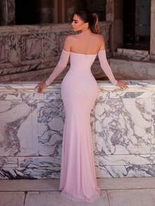 Faeriesty Pink Ruched Fitted Dress With Gloves, Elegant Side Ruffle Slit Trumpet Evening Gown Suitable For Party, Vacation, Formal Dinner, Beach Wedding Spring - Pink - View 2