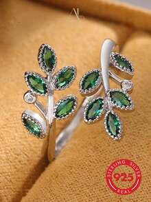 1pc Fresh Mori Style S925 Sterling Silver Marquise Green Zirconia Double Branch Intertwined Leaf Design Open Ring, Women's Workplace Commute Date Daily Gift Ring, Leaf Design With Natural Freshness, Green Zirconia Accents For Elegant And Delicate Look, Niche Artistic Souvenir - Silver - View 2