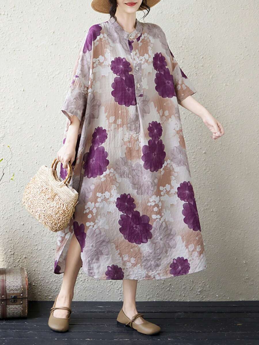 AZAH 女款萬聖節優雅圓領短袖寬鬆上衣連身裙,波西米亞風休閒度假洋裝,蝙蝠袖花卉優雅風格,母親節禮物洋裝 - 紫色 - 查看 1