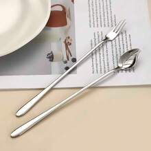 304 Stainless Steel Stirring Spoon, Long Handle Bar Spoon, Ice Spoon & Fork, Creative Leaf-Shaped Spoon & Fork, Mango Spoon & Fork, Honey And Dessert Spoon & Fork - Multicolor - View 3
