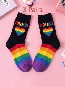 1/3 pares de calcetines negros de orgullo LGBTQ hasta media pantorrilla, con estampado de letras en degradado arcoíris, puño a rayas, calcetines de tripulación de punto casual para ropa de calle - Multicolor - Ver 8
