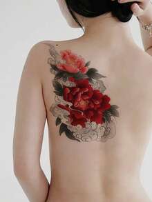 1 pieza Pegatina de tatuaje floral de peonía roja con diseño de bordado, patrón de tatuaje simulado, adecuado para viajes, festivales de música, juegos, regalos de graduación, dura de 3 a 5 días - Multicolor - Ver 5