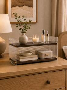 1pc Double-Layer Expandable Desktop Storage Rack, Wavy Transparent Acrylic & Wooden Organizer, Minimalist Rectangular Open Shelf With Gold Accessories, Multi-Functional Tabletop Storage Rack For Cosmetics, Kitchen, Bathroom, Coffee Corner, Desk - Brown - View 7