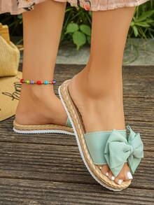 Sandal Selop Wanita Ukuran Besar Warna Hijau Muda dengan Dekorasi Pita 3D, Sol Tali Imitasi, Ujung Terbuka, Sandal Datar Ringan Serbaguna untuk Musim Panas, Liburan Luar Ruangan, dan Pantai - hijau muda - View 7
