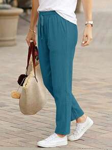 Jisfaneya Women's Solid Color Drawstring Casual Straight Leg Pants With Pockets - Lake Blue - View 4
