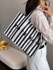 Fashionable Large Capacity Striped Tote Bag, Letter Decoration, Suitable For Women Shopping, Commuting And Daily Use - Black - View 5