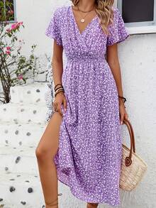 Floral Dress With Butterfly Sleeves And Leg Slit - Black - View 6