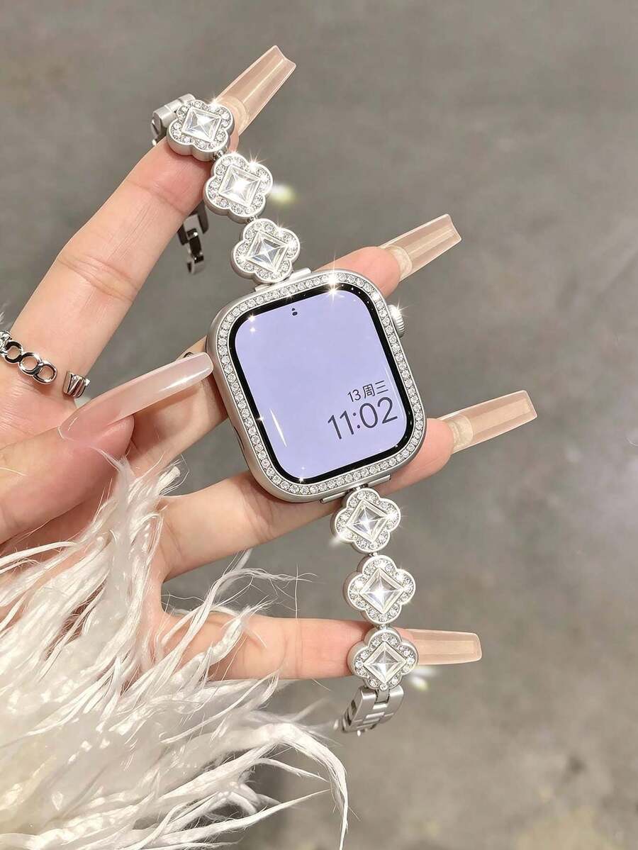 Huastonband 星光色女款手錶錶帶，適用於 ，時尚鑽石鑲嵌花卉設計金屬不鏽鋼，適用於 38/40/41/42/44/45/46/49mm，適用於 Series Ultra/SE/S11/S10/S9/S8/S7/S6/S5/S4/S3，夏季海灘優雅女飾配件
