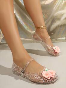 Women's Transparent PVC Floral Mary Jane Jelly Shoes, Hollow Breathable Flat Sandals, Pink Flower Decor, Suitable For Beach And Summer Daily Wear - White - View 5