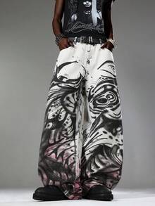 Herren Street Dark Style chinesische Tuschemalerei Weite Beine Jeans, personalisierter Digitaldruck, modische lockere lange Hose (Gürtel & Accessoires nicht enthalten) - Weiss - Übersicht 7
