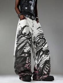 Herren Street Dark Style chinesische Tuschemalerei Weite Beine Jeans, personalisierter Digitaldruck, modische lockere lange Hose (Gürtel & Accessoires nicht enthalten) - Weiss - Übersicht 4