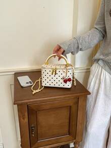 1 pieza Bolso de mano cuadrado pequeño casual y versátil de color negro, tela de cuadrícula bordada de moda, adecuado para el trabajo, almacenamiento de teléfono, lápiz labial, monedas, colgante no incluido - Blanco - Ver 4