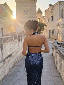 CHOSMO Robes Corset pour Femmes, Robe de Bal, Robe d'Invitée de Mariage, Robes de Bal pour Femmes, Robes de Bal Formelles pour Femmes pour le Lycée, Pois Couleur Unie Brillante Soirée Romantique Sexy Formelle - Bleu marine - Voir 5
