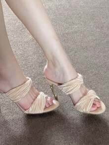 weiweiting Women's Pleated Ribbon Open Toe High Heel Sandals 2026 Summer New Sexy Stiletto Heel Slippers For Wedding Party - Apricot - View 4