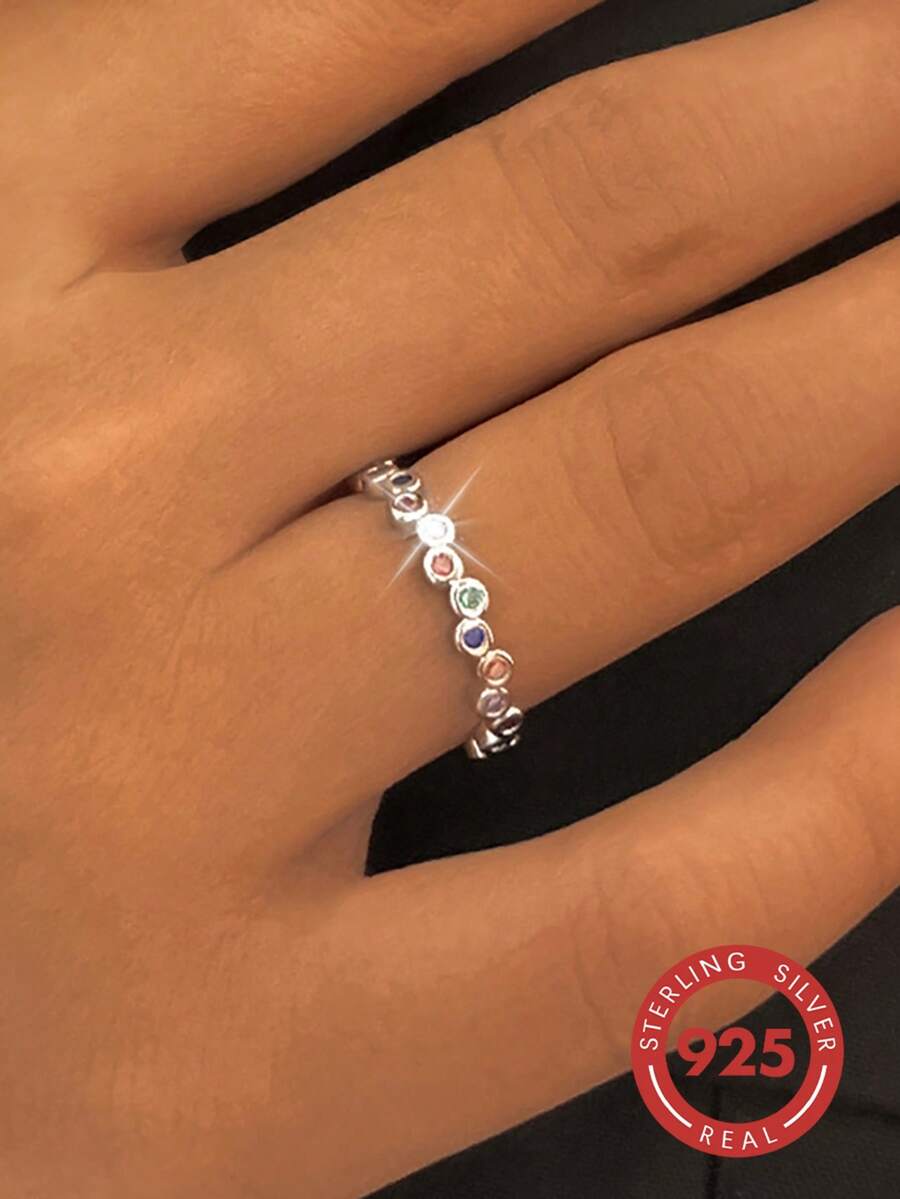 1pc Asymmetrical Design Minimalist 925 Sterling Silver Cubic Zirconia Geometric Round Ring, Women Daily, Date, Party, Gift - Silver - View 1
