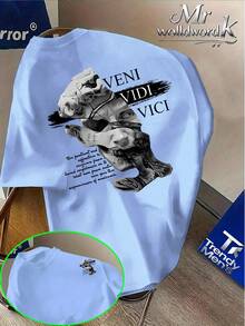 Estampado de retazos de una estatua rota de David combinado con la inscripción VENI VIDI, estampado doble en la parte delantera y trasera, camiseta de manga corta estilo casual urbano a - Blanco - Ver 8