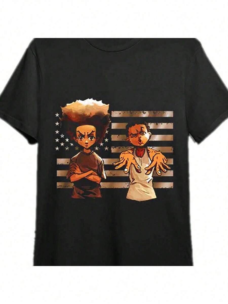 1 Piece Casual Fashion For Men And Women Boondocks Men's Summer Casual T-Shirt Comfortable - Breathable Soft, Slightly Stretchy Street Hip Hop Style T-Shirt 100% Cotton - 黑色 - 查看 1