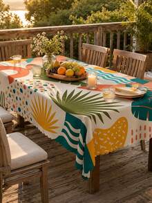 1pc-Boho Tropical Palm Leaf Round Polyester Tablecloth, Colorful Summer Geometric Print Table Cover, Wrinkle Resistant Wavy Edge Tablecloth For Outdoor Patio, Garden, Poolside, Backyard BBQ, Kitchen Dining Home Decor - Multicolor - View 5